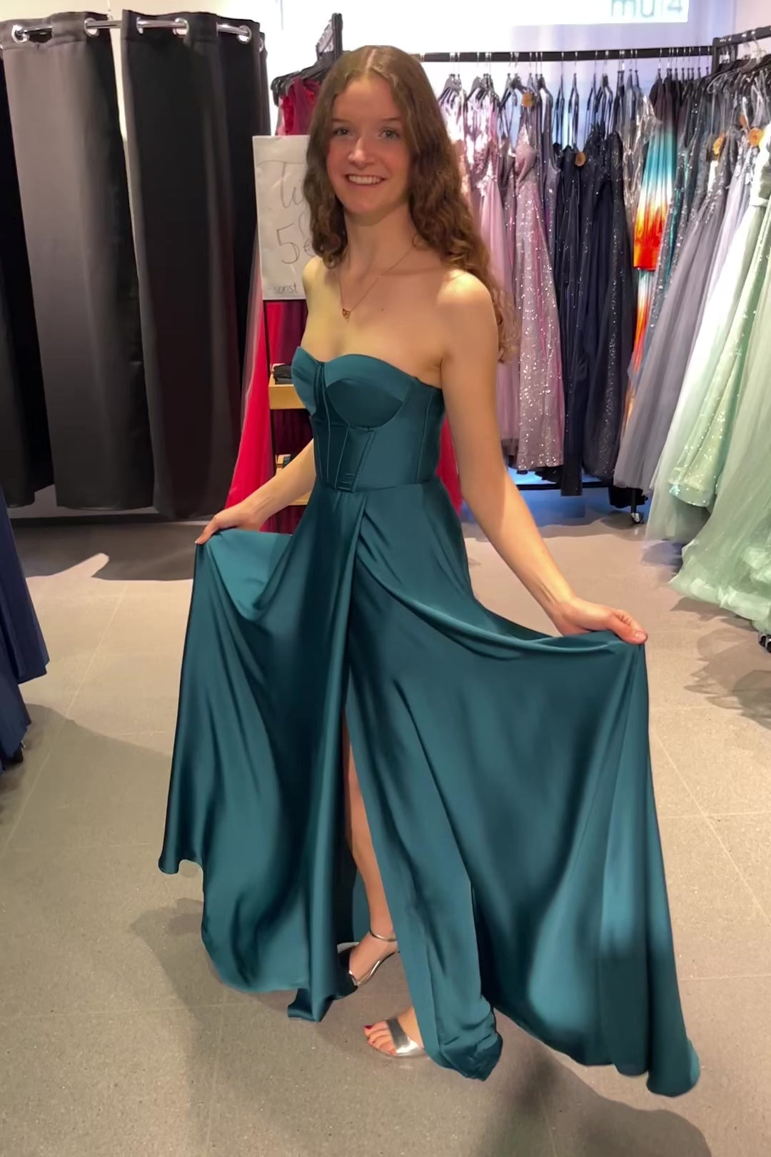 Ballkleid aus Satin mit Corsage & Schnürung, petrol - Dein Kleiderladen