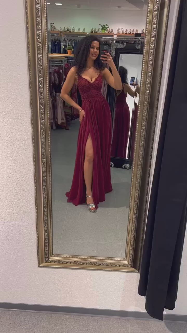 Ballkleid – elegantes langes Chiffonkleid mit feiner Spitze, bordeaux - Dein Kleiderladen