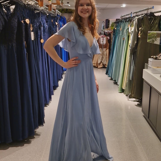 Chiffon - Abendkleid mit V - Ausschnitt & kurzen Ärmeln, hellblau - Dein Kleiderladen