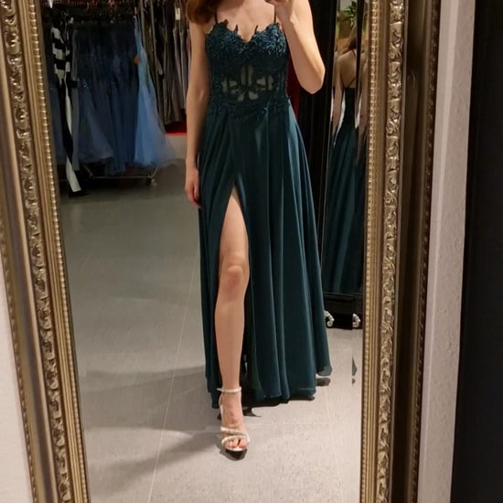 Ballkleid mit besticktem Korsett & Schlitz, dunkelgrün - Dein Kleiderladen