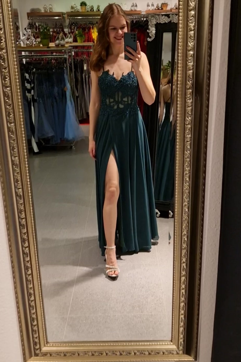 Ballkleid mit besticktem Korsett & Schlitz, dunkelgrün - Dein Kleiderladen