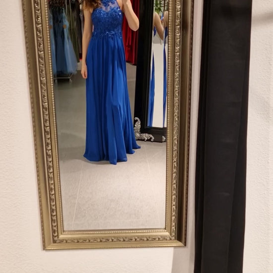 hochgeschlossenes Ballkleid mit Spitze, königsblau - Dein Kleiderladen