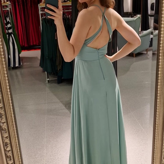 Schlichtes Chiffon - Abendkleid mit V - Ausschnitt & Schlitz, mint - Dein Kleiderladen