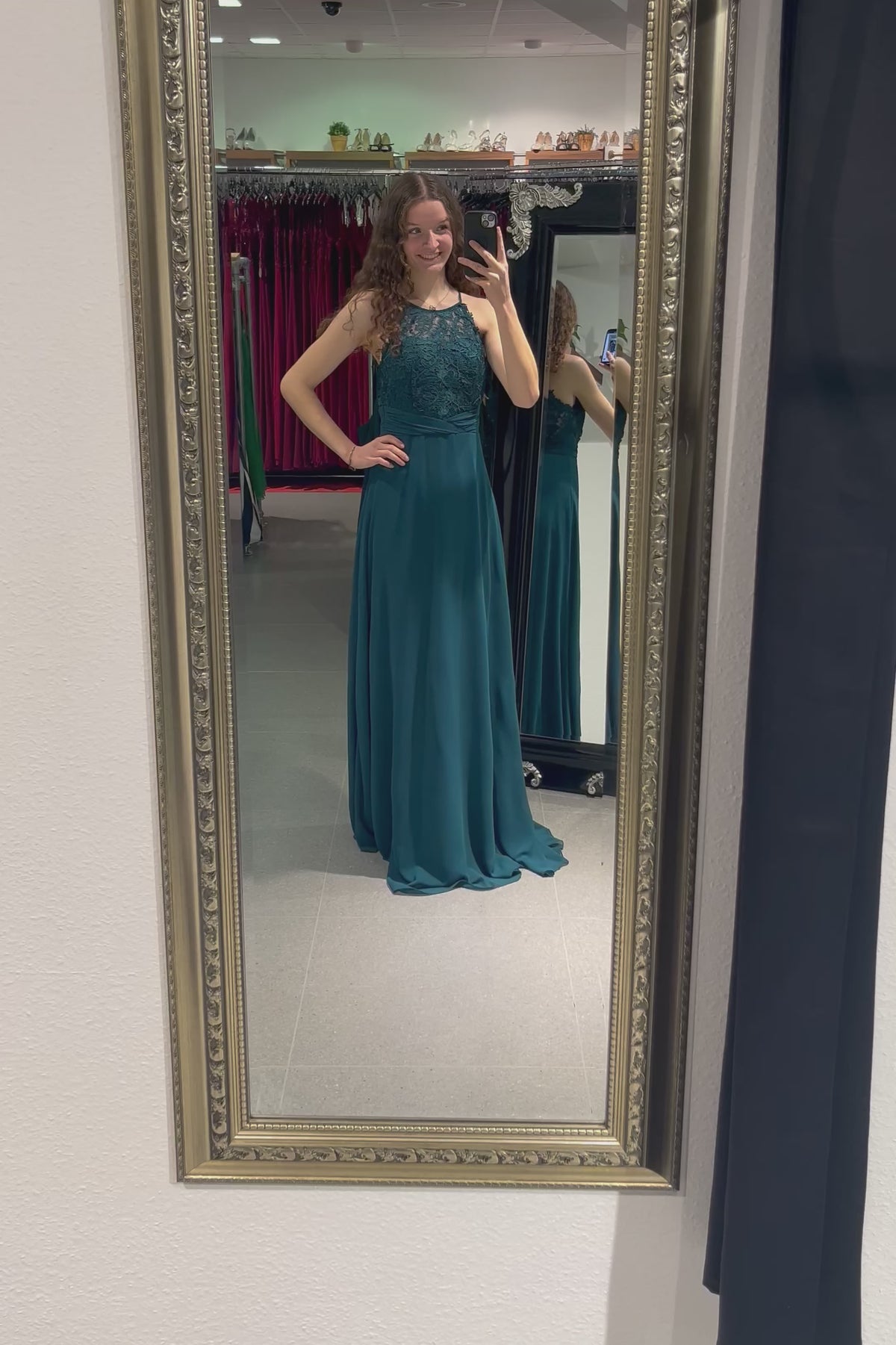 hochgeschlossenes Abendkleid mit Spitze, petrol - Dein Kleiderladen