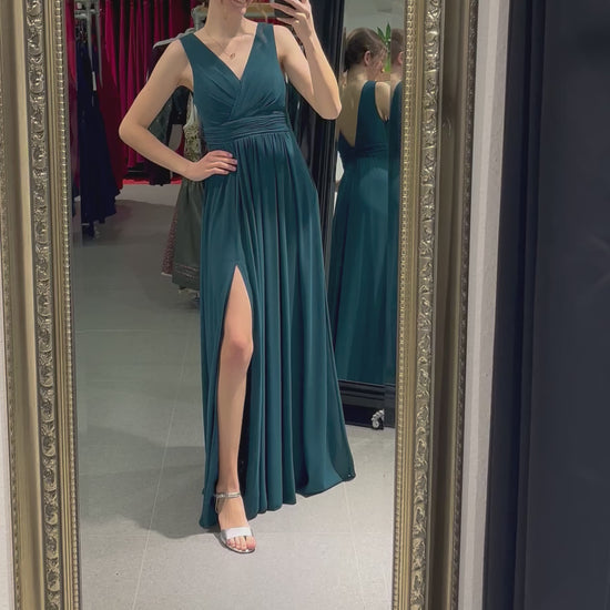 Langes schlichtes Kleid mit Schlitz, petrol - Dein Kleiderladen