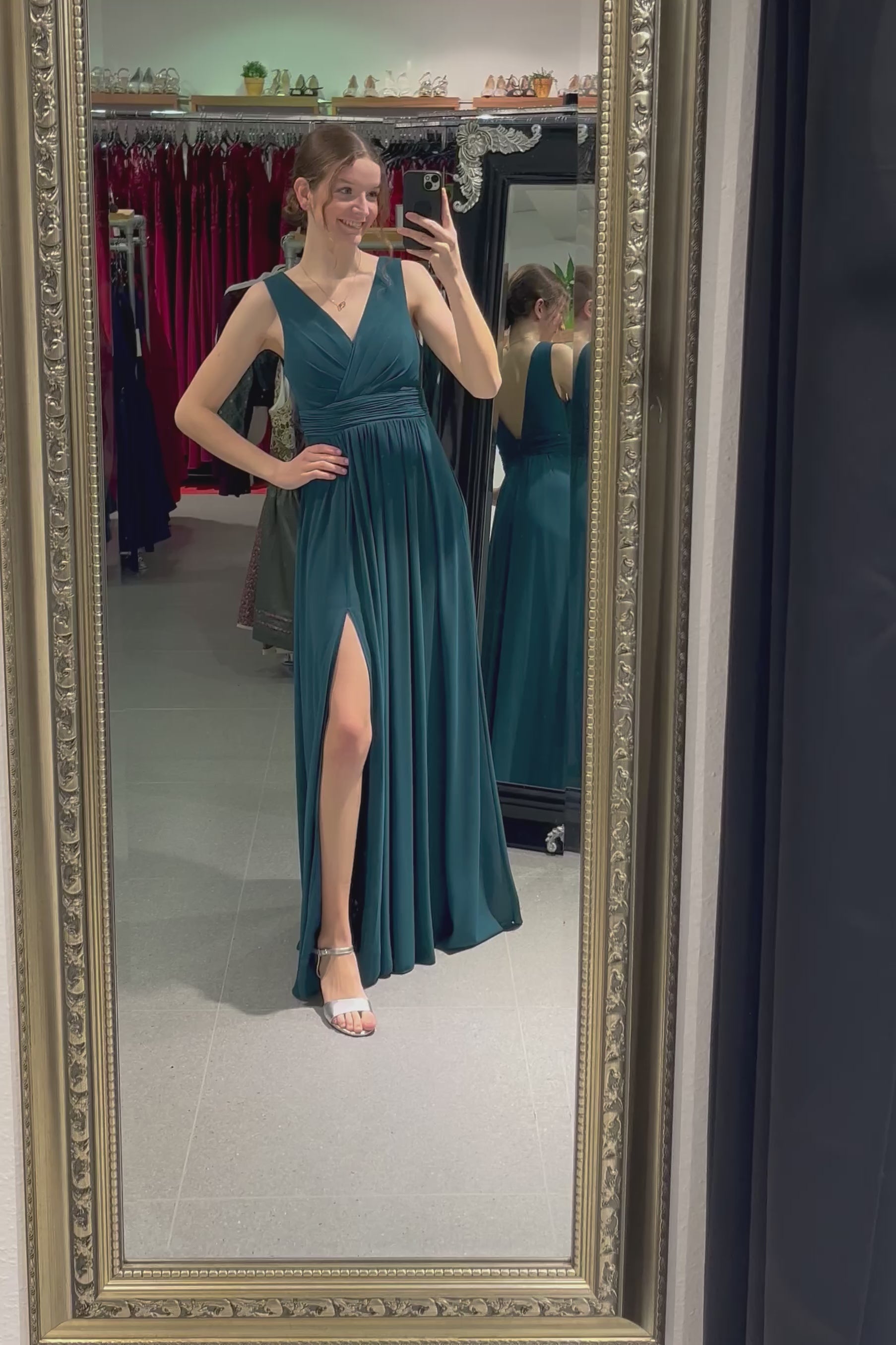 Langes schlichtes Kleid mit Schlitz, petrol - Dein Kleiderladen