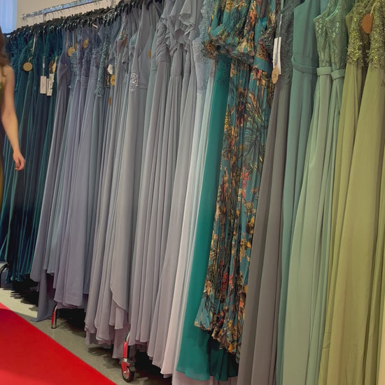 Ballkleid - Satin mit Schnürung, Schlitz und Wasserfallausschnitt, kaki - Dein Kleiderladen