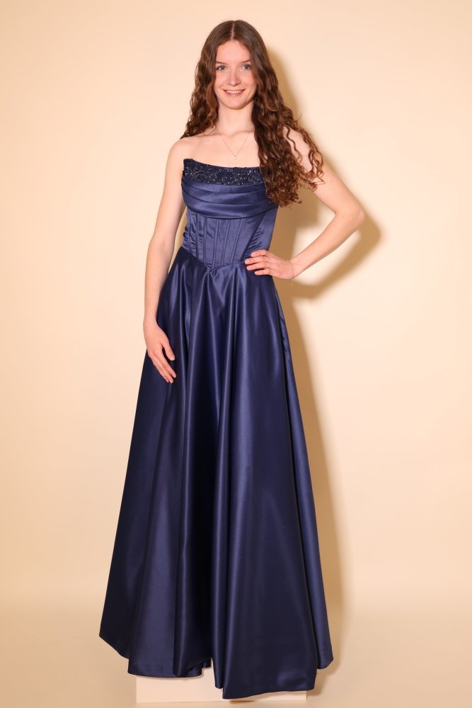 Satin - Abendkleid mit Corsage, Paillettenborte & Rückenschnürung, dunkelblau - Dein Kleiderladen