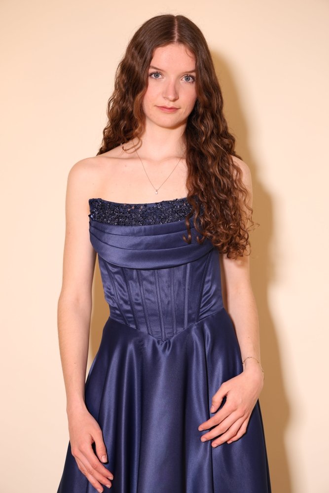 Satin - Abendkleid mit Corsage, Paillettenborte & Rückenschnürung, dunkelblau - Dein Kleiderladen
