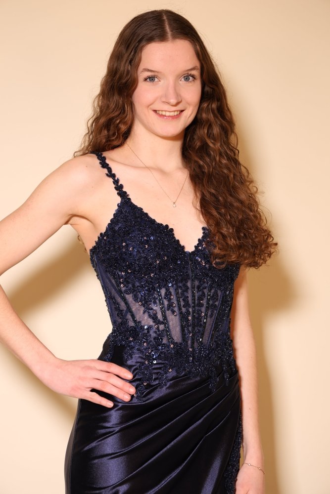 Satin - Abendkleid mit Corsage, Schnürung & Schlitz, dunkelblau - Dein Kleiderladen