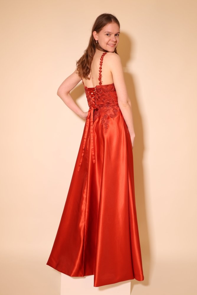 Satin - Ballkleid mit floraler Spitze & Rückenschnürung, terracotta - Dein Kleiderladen