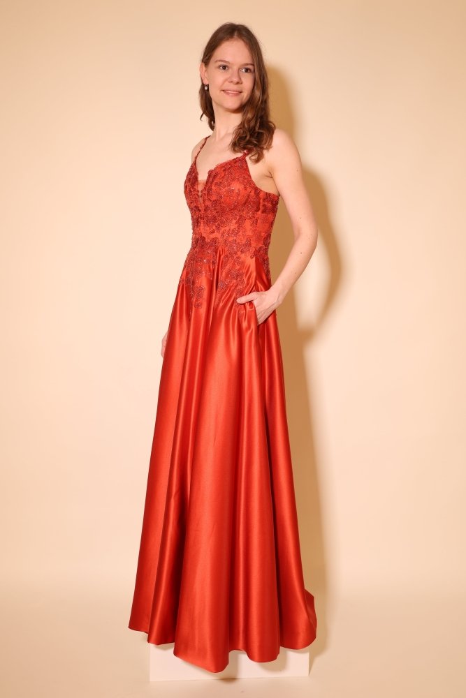 Satin - Ballkleid mit floraler Spitze & Rückenschnürung, terracotta - Dein Kleiderladen