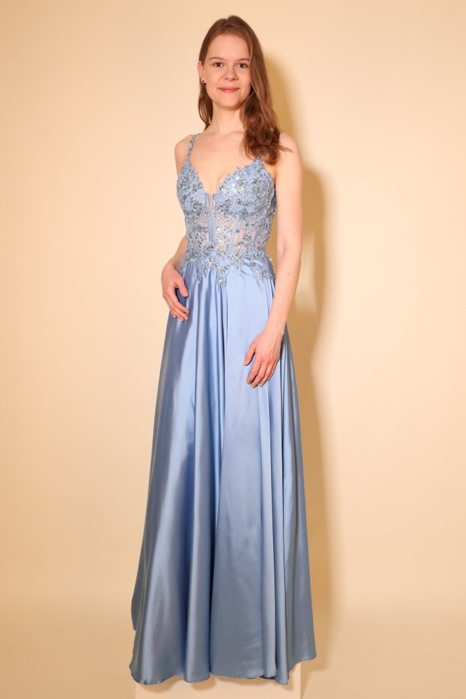 Satin - Ballkleid mit floraler Spitzencorsage, Beinschlitz und Rückenschnürung, hellblau - Dein Kleiderladen