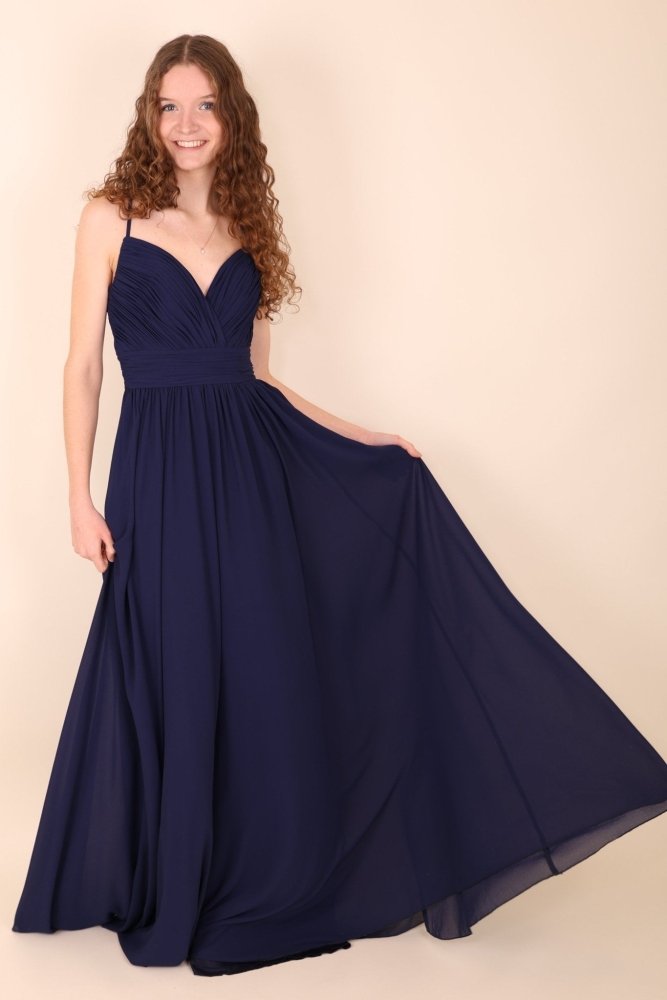 Schlichtes Abendkleid mit Raffungen und V-Ausschnitt, dunkelblau - Dein Kleiderladen