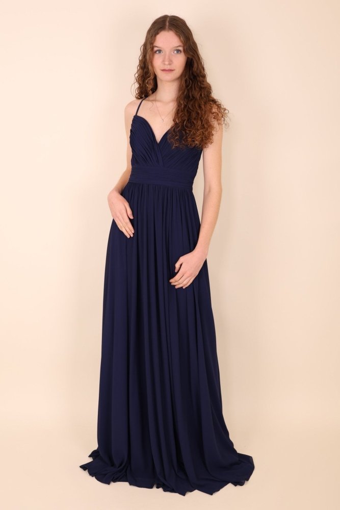 Schlichtes Abendkleid mit Raffungen und V-Ausschnitt, dunkelblau - Dein Kleiderladen