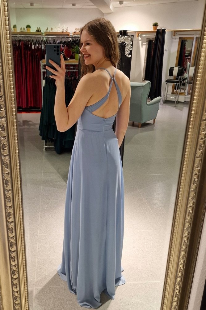 Schlichtes Chiffon - Abendkleid mit V - Ausschnitt & Schlitz, hellblau - Dein Kleiderladen