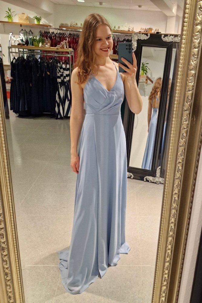 Schlichtes Chiffon - Abendkleid mit V - Ausschnitt & Schlitz, hellblau - Dein Kleiderladen