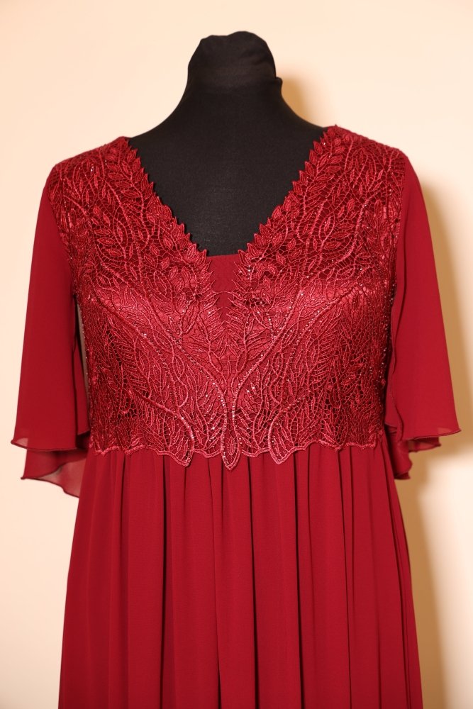 Second Hand Abendkleid mit Ärmeln und Überwurf, dunkelrot - Dein Kleiderladen