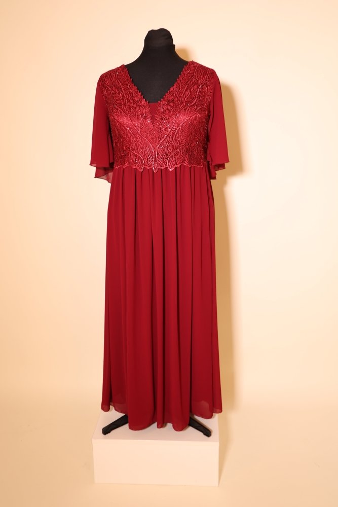 Second Hand Abendkleid mit Ärmeln und Überwurf, dunkelrot - Dein Kleiderladen