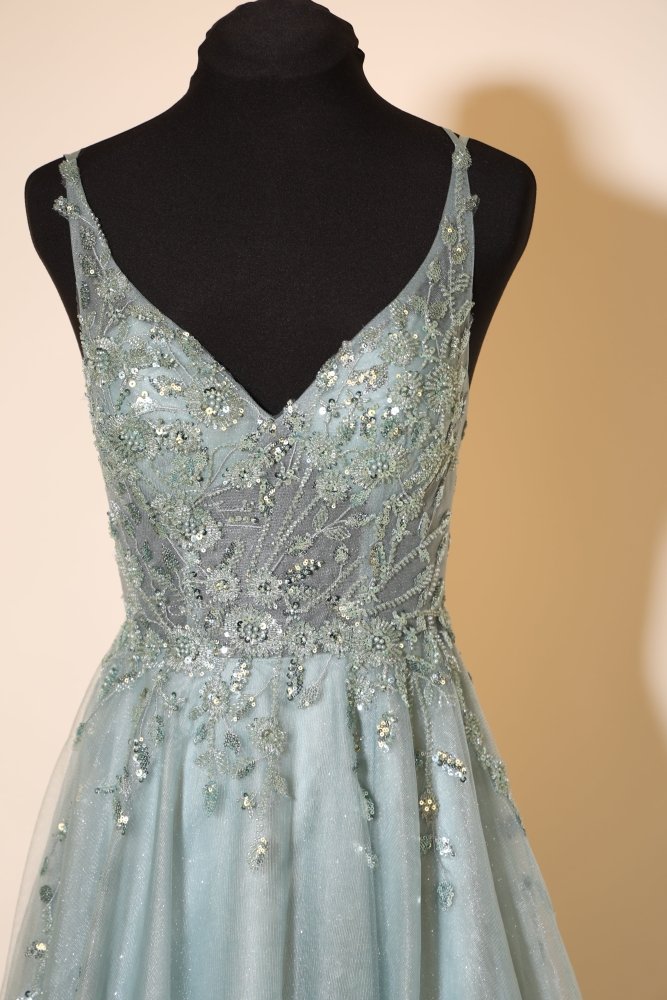 Second Hand Abendkleid mit glitzerndem Tüllrock, Spitze und Rückenschnürung, ozeanwelle - Dein Kleiderladen