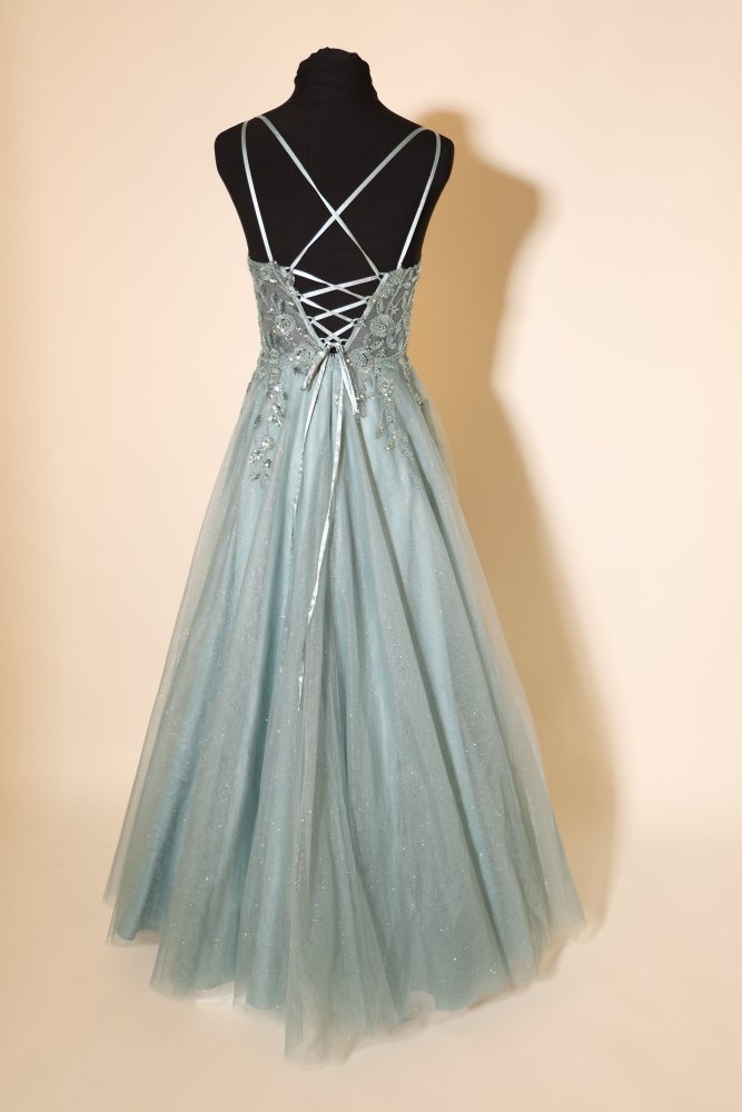 Second Hand Abendkleid mit glitzerndem Tüllrock, Spitze und Rückenschnürung, ozeanwelle - Dein Kleiderladen