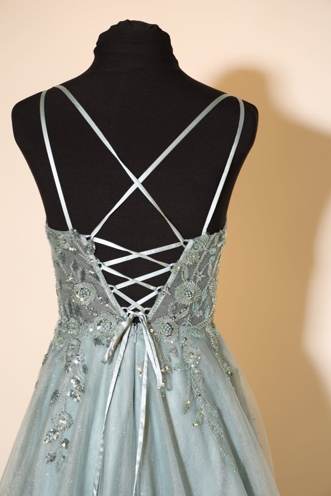 Second Hand Abendkleid mit glitzerndem Tüllrock, Spitze und Rückenschnürung, ozeanwelle - Dein Kleiderladen