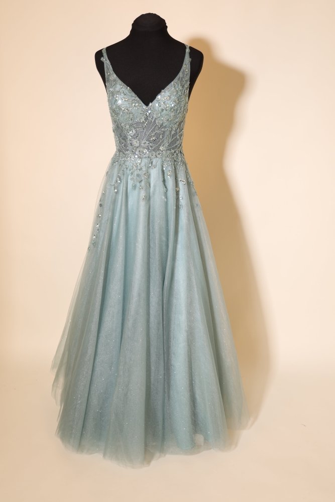 Second Hand Abendkleid mit glitzerndem Tüllrock, Spitze und Rückenschnürung, ozeanwelle - Dein Kleiderladen
