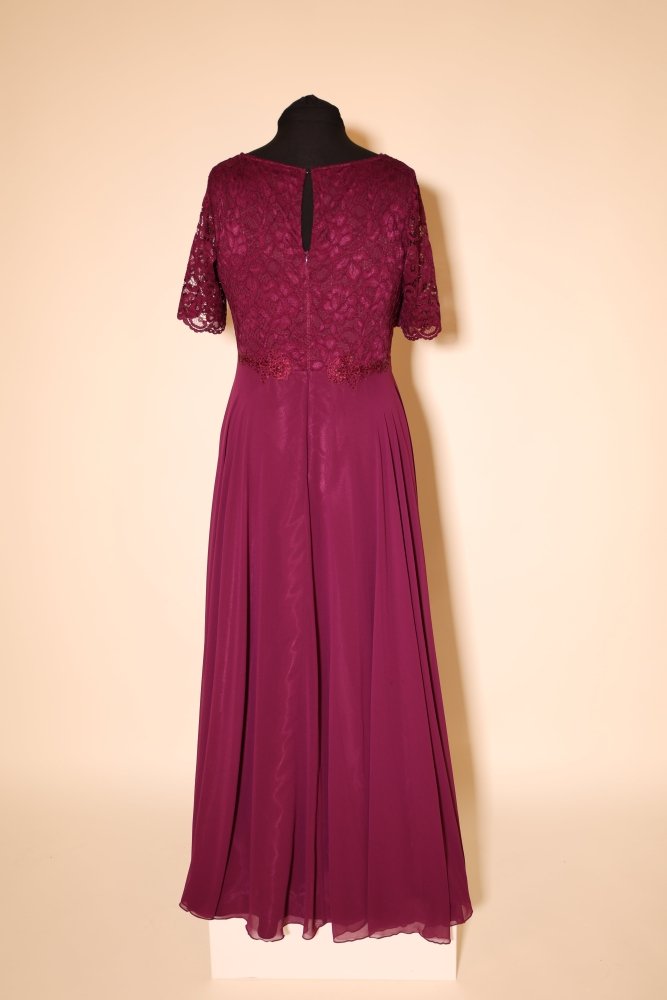 Second Hand Abendkleid mit Spitzenärmel und elegantem Überwurf, lila - Dein Kleiderladen