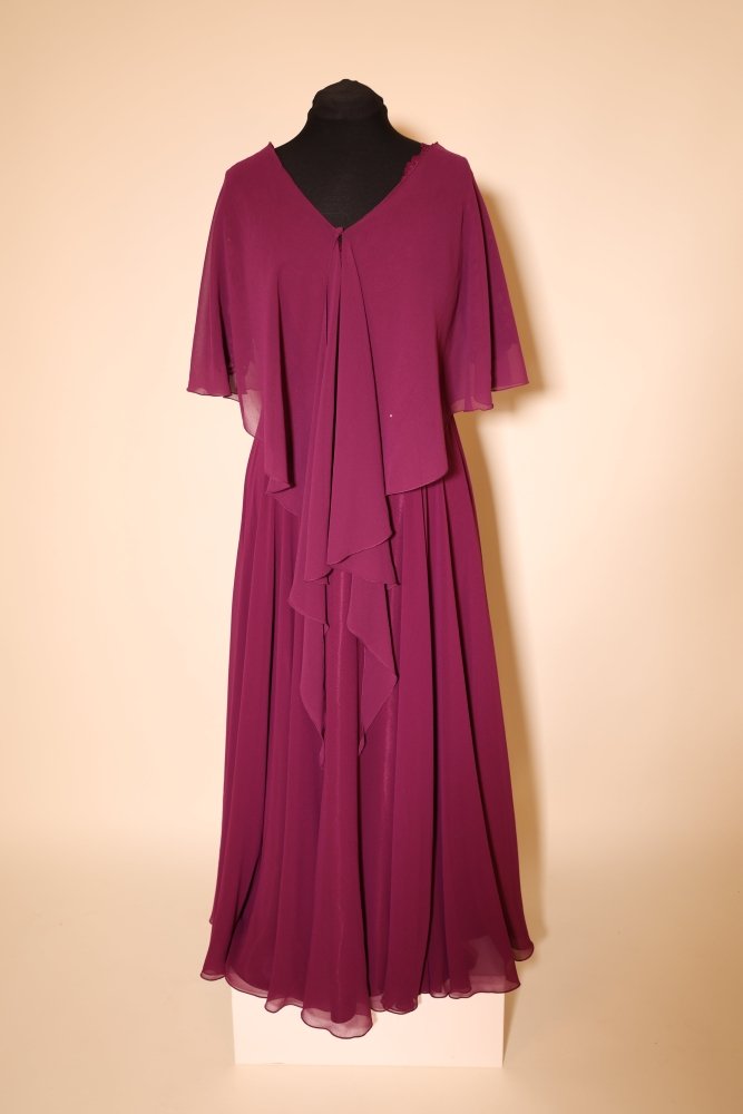 Second Hand Abendkleid mit Spitzenärmel und elegantem Überwurf, lila - Dein Kleiderladen