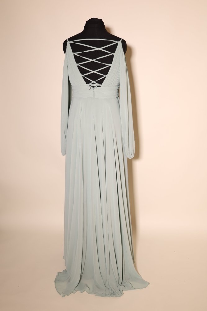 Second Hand Abendkleid mit tiefem V - Ausschnitt, langen Cape - Ärmeln und fließendem Chiffon - Maxirock, mint - Dein Kleiderladen