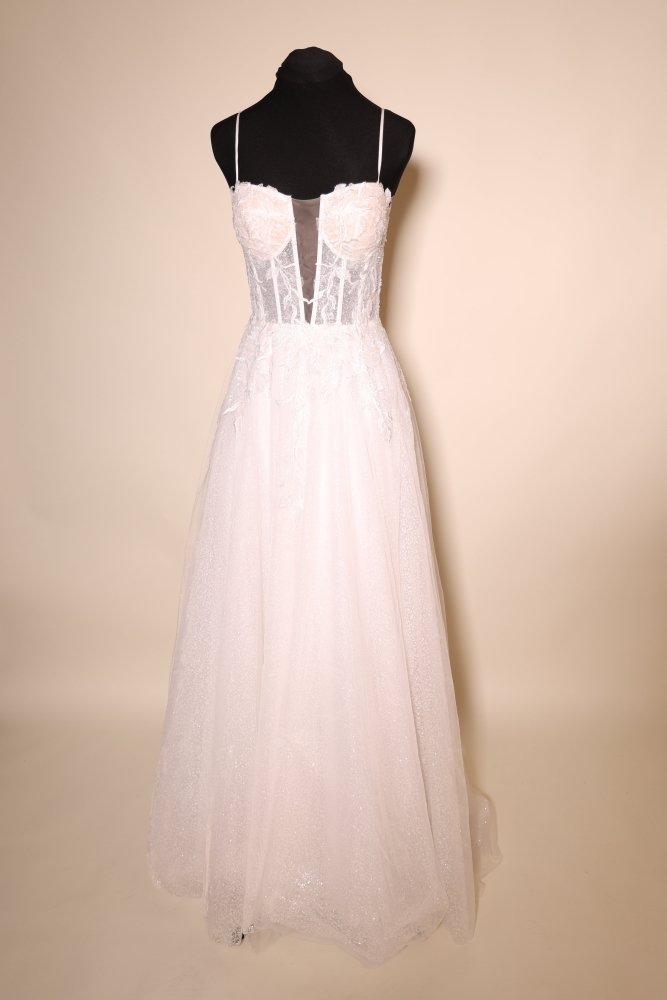 Second Hand Brautkleid mit Corsagen - Oberteil, Tüllärmeln und Glitzertüllrock, ivory - Dein Kleiderladen
