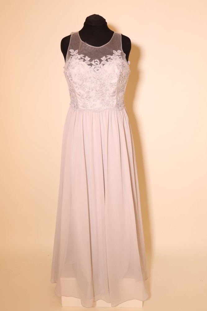 Second Hand Chiffon Abendkleid mit Perlenstickereien, hellgrau - Dein Kleiderladen