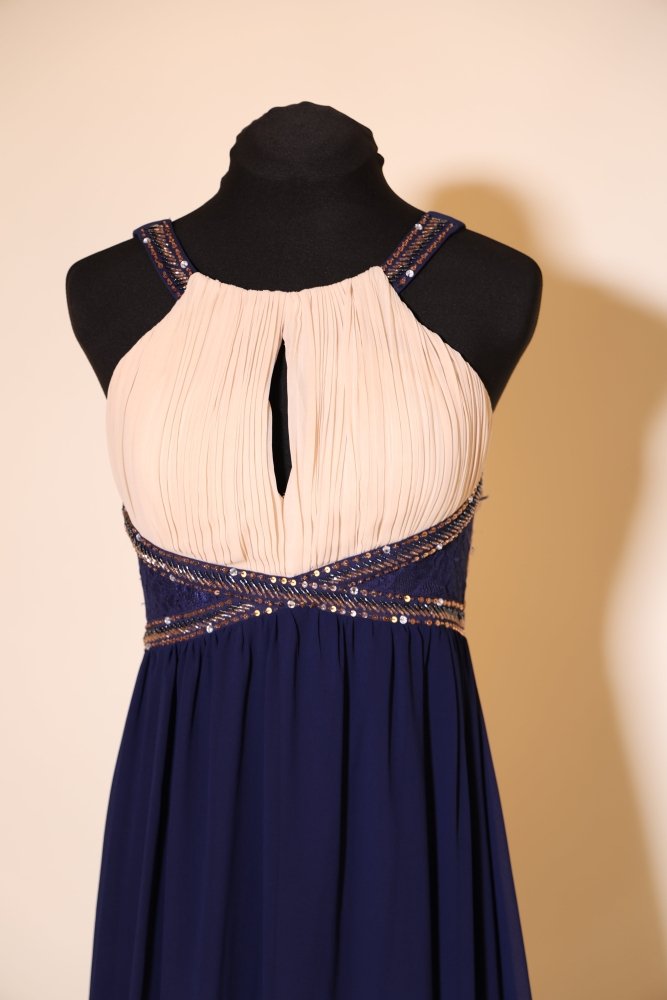 Second Hand Chiffonkleid mit besticktem Gürtel und gesmoktem Rücken, dunkelblau/creme - Dein Kleiderladen