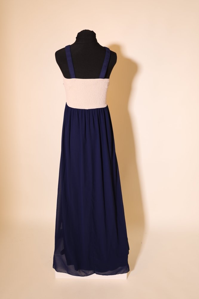 Second Hand Chiffonkleid mit besticktem Gürtel und gesmoktem Rücken, dunkelblau/creme - Dein Kleiderladen