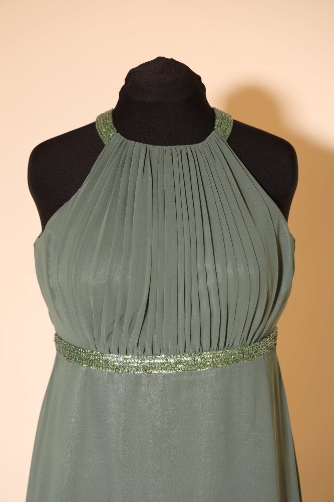 Second Hand Chiffonkleid mit Dreiecks - Rückenausschnitt und Glitzergürtel, salbei - Dein Kleiderladen