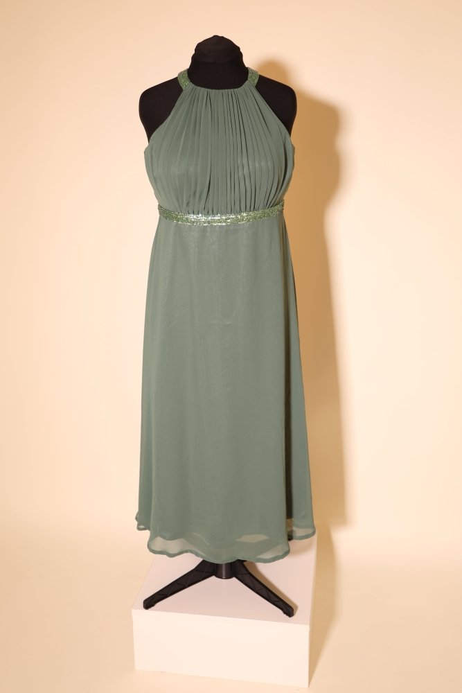 Second Hand Chiffonkleid mit Dreiecks - Rückenausschnitt und Glitzergürtel, salbei - Dein Kleiderladen