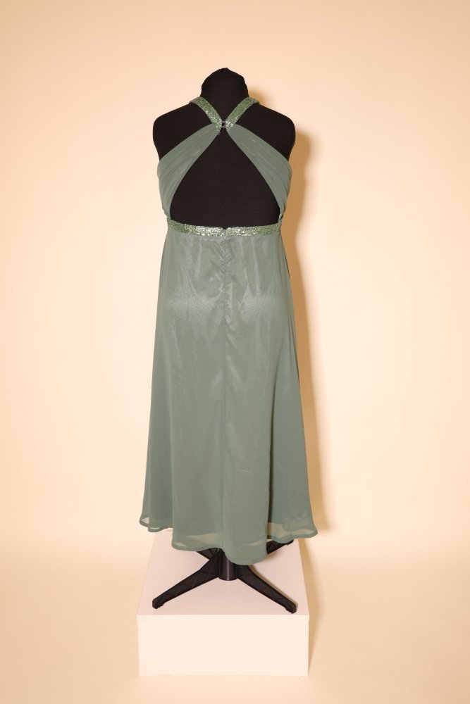 Second Hand Chiffonkleid mit Dreiecks - Rückenausschnitt und Glitzergürtel, salbei - Dein Kleiderladen