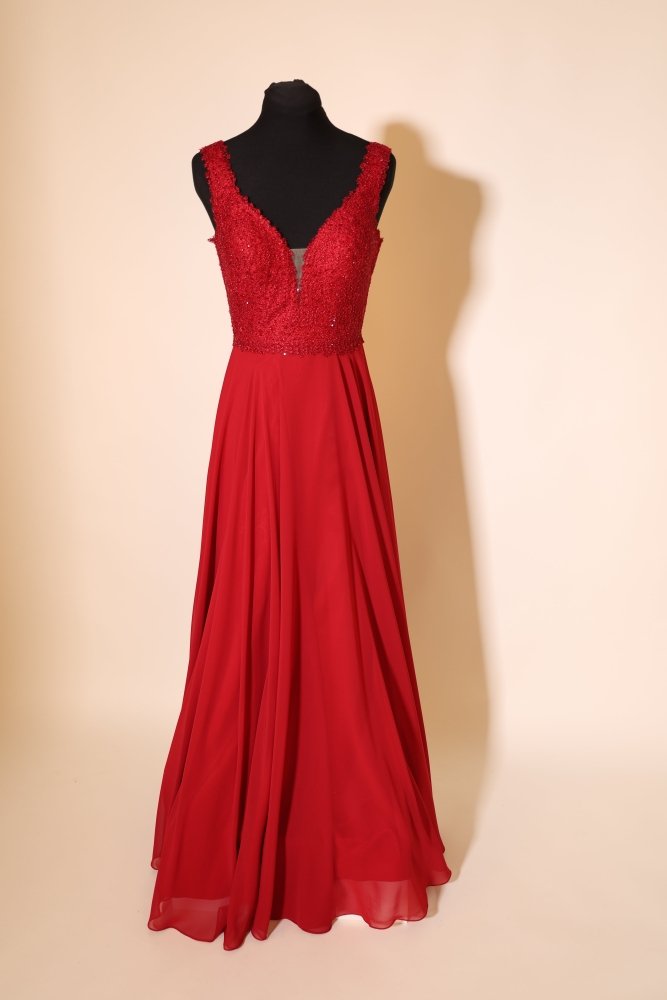 Second Hand Chiffonkleid mit fein besticktem Oberteil und V-Ausschnitt, rot - Dein Kleiderladen