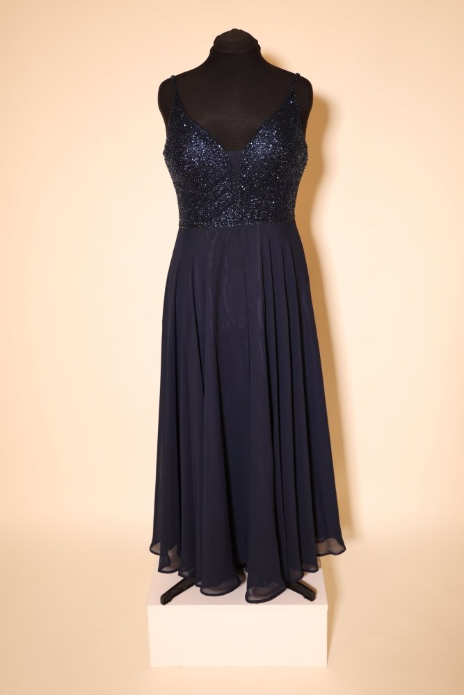 Second Hand Chiffonkleid mit seitlichen Cut - outs und funkelndem Oberteil, dunkelblau - Dein Kleiderladen