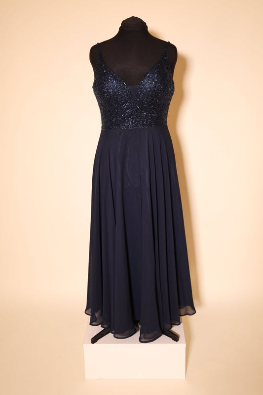 Second Hand Chiffonkleid mit seitlichen Cut - outs und funkelndem Oberteil, dunkelblau - Dein Kleiderladen