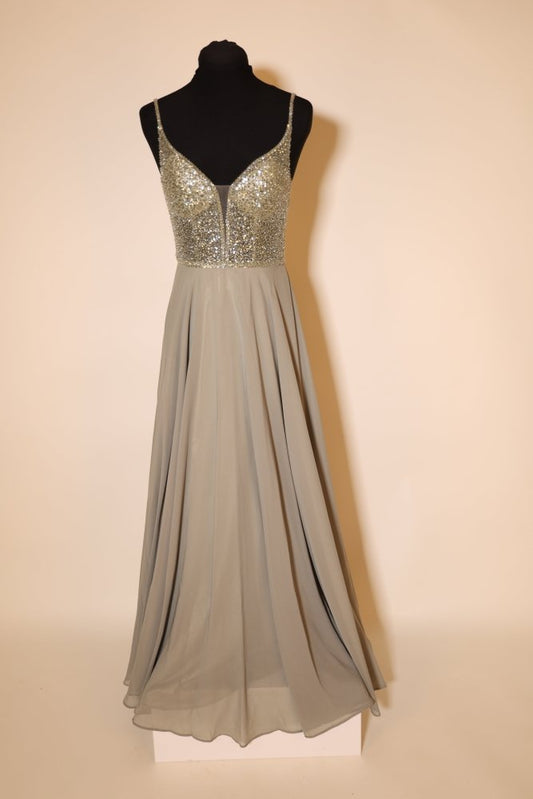 Second Hand elegantes Chiffonkleid mit Glitzeroberteil, oliv - Dein Kleiderladen