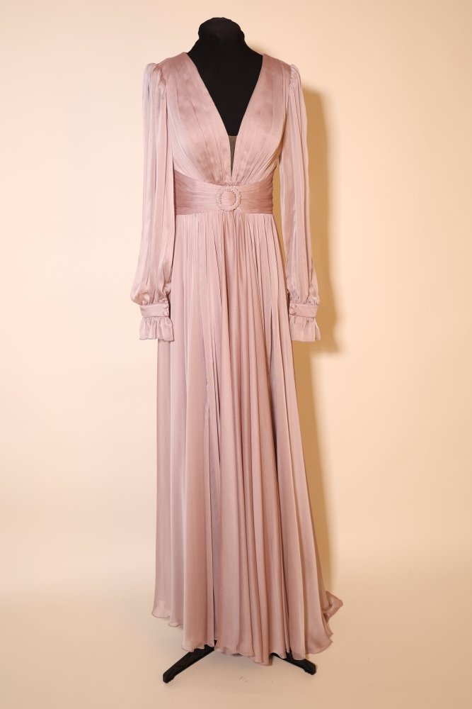 Second Hand elegantes Langarm - Satinkleid mit Taillengürtel, altrosa - Dein Kleiderladen