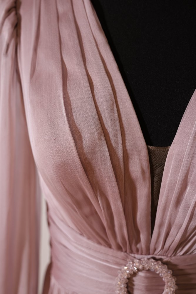 Second Hand elegantes Langarm - Satinkleid mit Taillengürtel, altrosa - Dein Kleiderladen