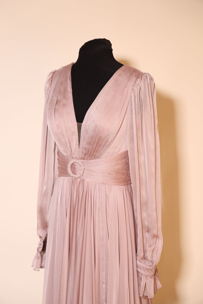 Second Hand elegantes Langarm - Satinkleid mit Taillengürtel, altrosa - Dein Kleiderladen