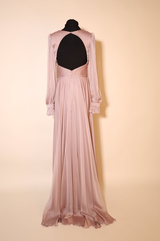 Second Hand elegantes Langarm - Satinkleid mit Taillengürtel, altrosa - Dein Kleiderladen