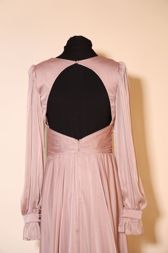 Second Hand elegantes Langarm - Satinkleid mit Taillengürtel, altrosa - Dein Kleiderladen