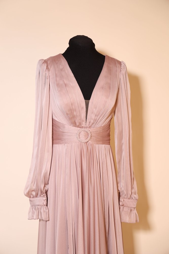 Second Hand elegantes Langarm - Satinkleid mit Taillengürtel, altrosa - Dein Kleiderladen