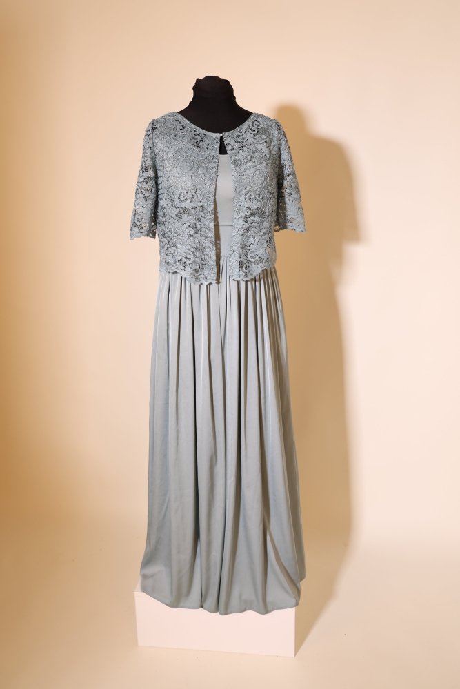 Second Hand elegantes Satinkleid mit Spitzenüberwurf, ozeanwelle - Dein Kleiderladen