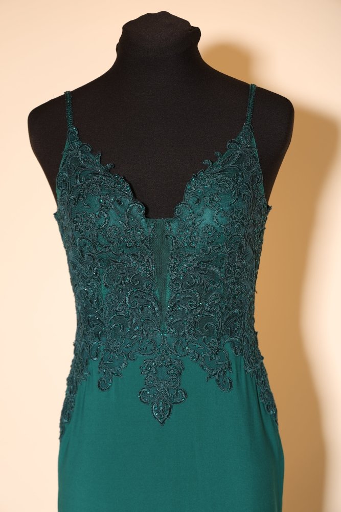 Second Hand figurbetontes Kleid mit Spitze, dunkelgrün - Dein Kleiderladen