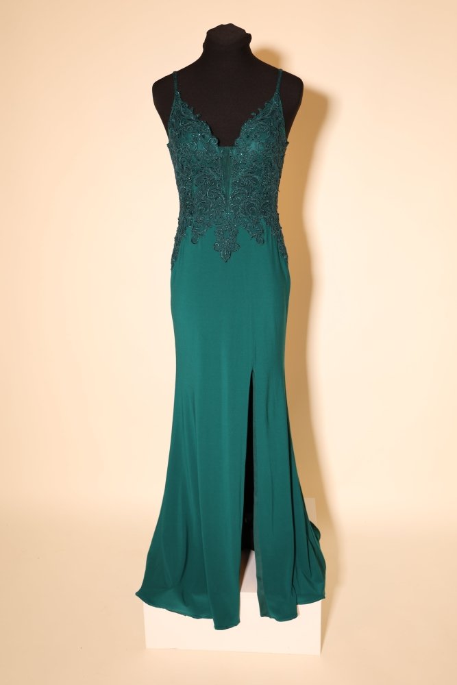 Second Hand figurbetontes Kleid mit Spitze, dunkelgrün - Dein Kleiderladen